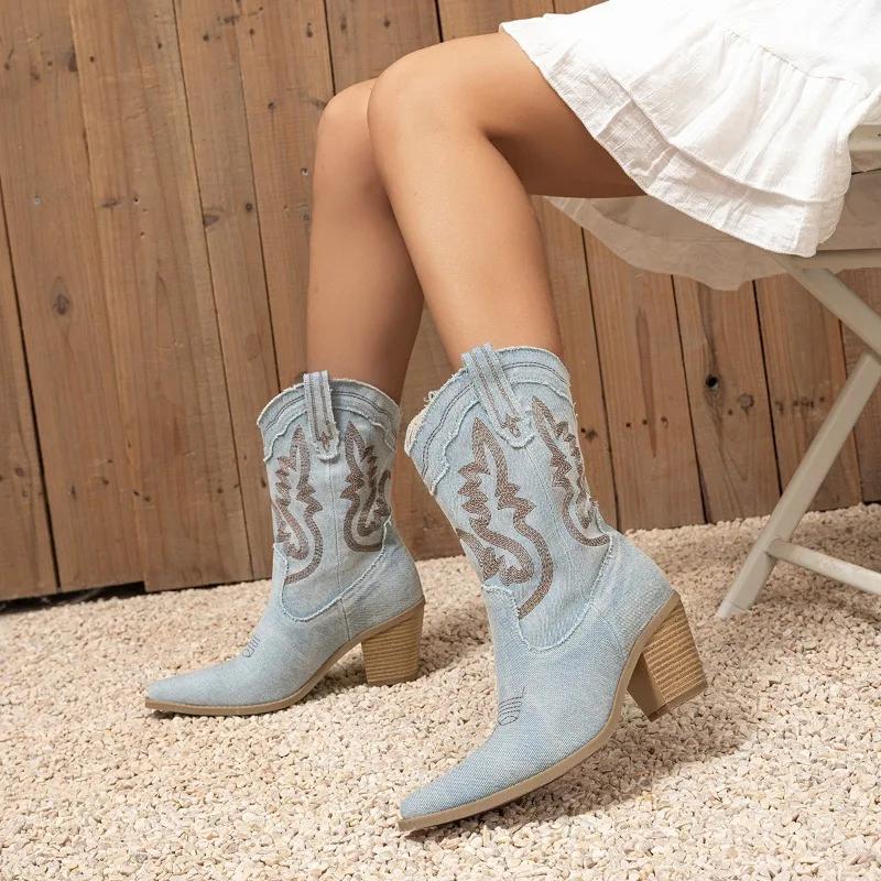 Модные ретро-ботинки с острым носком, универсальные, вышитые, очаровательные, в стиле вестерн, ковбойские сапоги для женщин, обувь без застежек, до середины голени, Botas Para Mujer