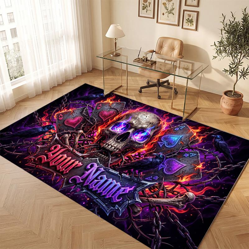 Skull Gothic Theme Soft Crystal Velvet Rug Custom Name & Text Print Non Slip Floor Rug for Bedroom Living Room