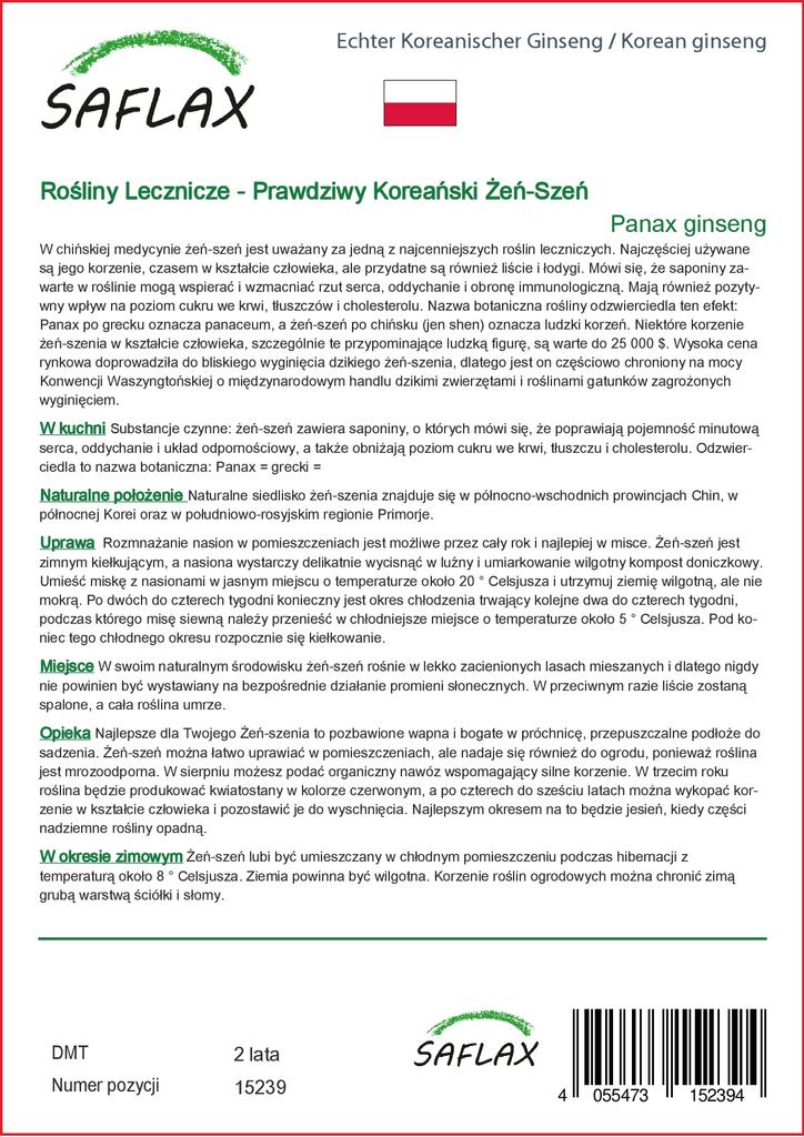 SAFLAX Garden in the Bag - Корейский женьшень - 10 семян - С субстратом в подходящем пакете-стойке - Женьшень Panax