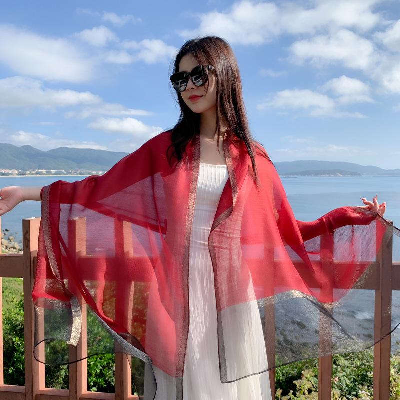 Summer Seaside Thin Sun Protection Beach Towel for Women Taking Photos with Versatile Vacation Fashion Gauze Soft Silk Scarf Sunshade Scarf