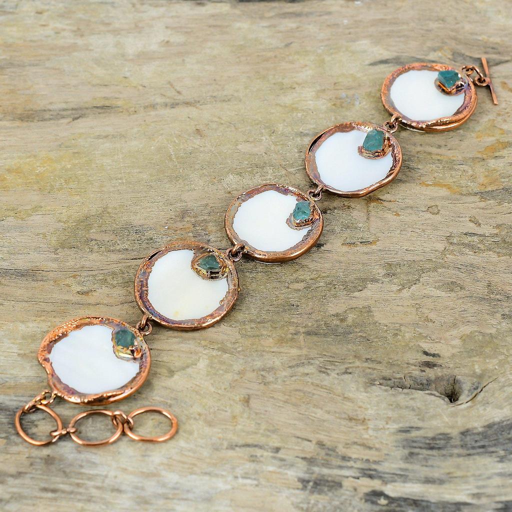 Mother Of Pearl Bracelet Electroformed Copper Bracelet Adjustable Chain Bracelet Electroformed Jewelry Aquamarine Rough Gemstone Bracelet