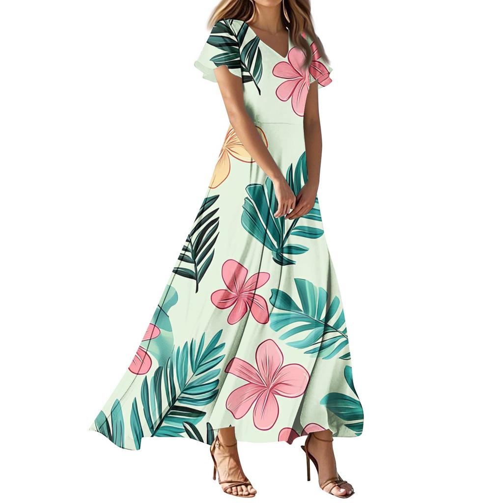 Women's Summer Casual Fashion Retro Floral Dress V Neck Short Sleeve Dress