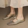 Krazing Pot Straw Weaving Mules Summer Size 42 Bowtie Gold Silver Color Thick Low Heels Women Women Square Toe Sandals
