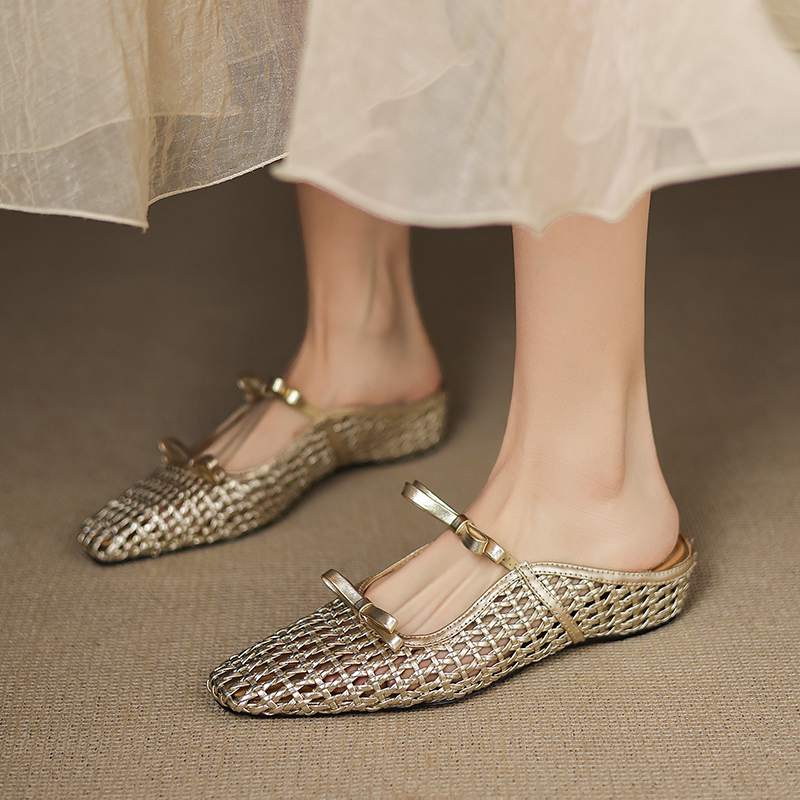 Krazing Pot Straw Weaving Mules Summer Size 42 Bowtie Gold Silver Color Thick Low Heels Women Women Square Toe Sandals