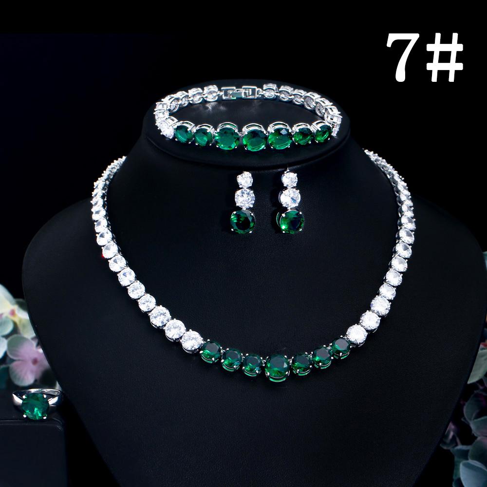 CMM 4PS Роскошный комплект свадебных украшений, ожерелье, кольцо, серьги, браслет, сапфировый цвет/рубиновый цвет, цирконий