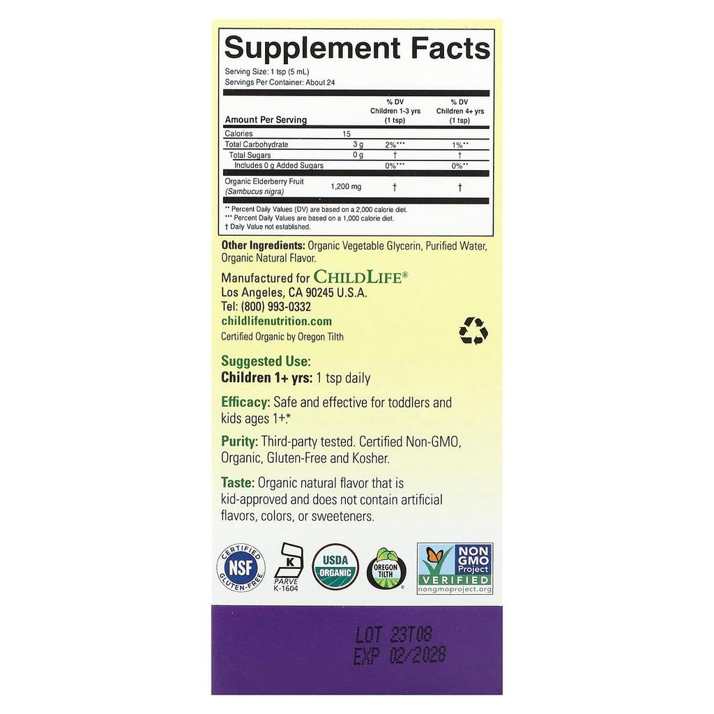 ChildLife Essentials Organic Liquid Elderberry, Ages 1+, 4 Fl Oz (118 Ml)