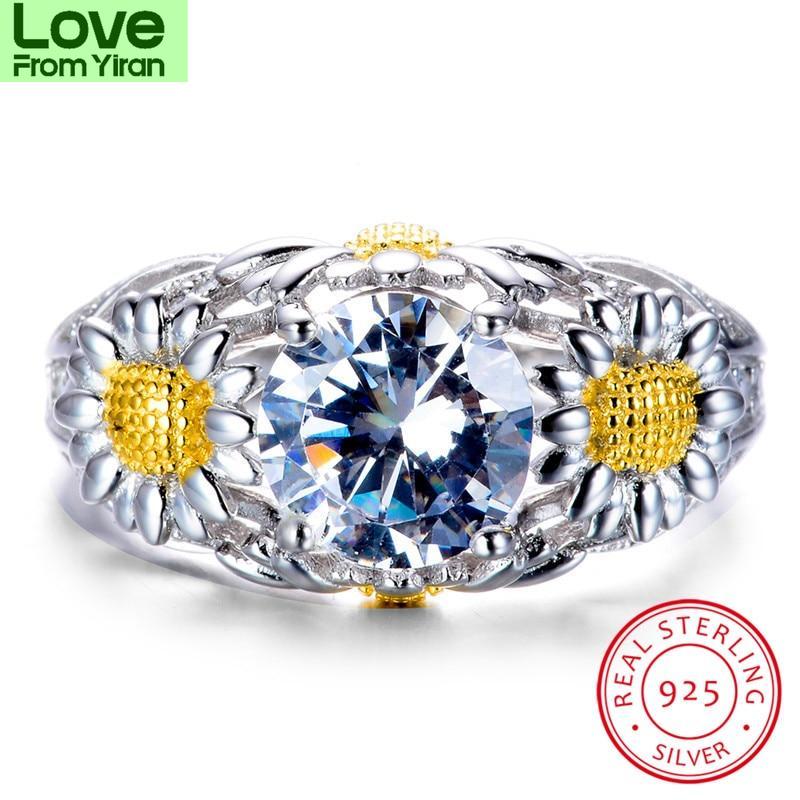 Cute Plant Daisy Ring 925 Sterling Silver Rings For Women White Yellow Topaz Red Ruby Stone Wedding Bands Zircon Engagement Ring