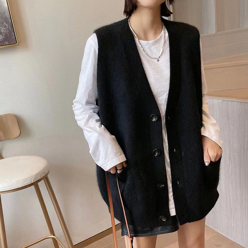 Вязаный жилет, женский осенне-весенний кардиган с v-образным вырезом, свободный однотонный свитер без рукавов, жилет
