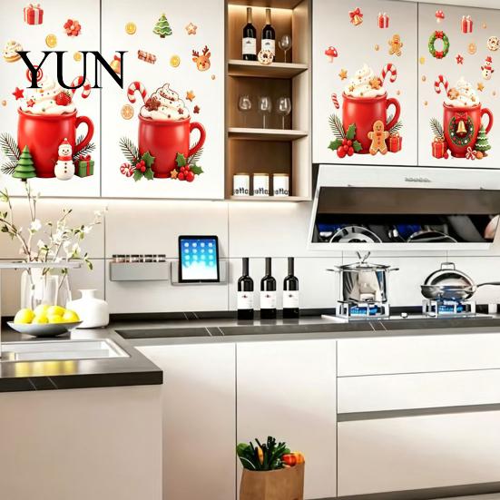 Waterproof Vinyl Kitchen Stickers 2Pcs Christmas Hot Drinks Wall for Cabinets, Self-Adhesive Art Holiday Fridge Decorations Decor, Removable