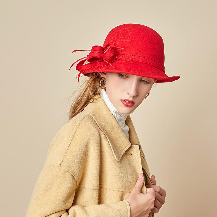 Autumn and winter hat women's three-dimensional flower woolen woolen pot hat fashionable and elegant mesh top hat versatile felt hat