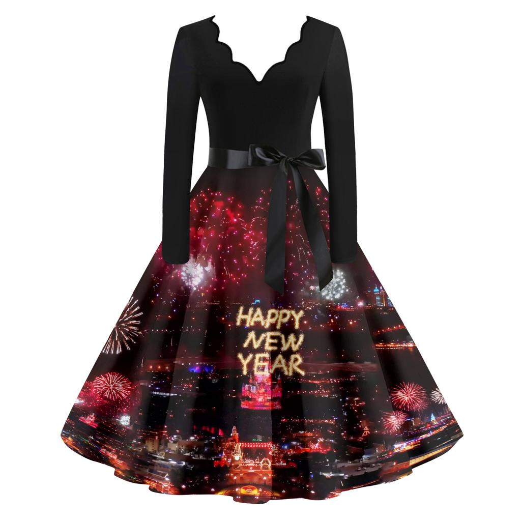 Женское повседневное модное платье винтажного стиля с V-образным вырезом и новогодним принтом
