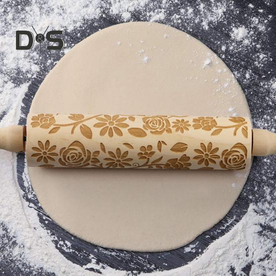 Rolling Pin Labor-saving Wood Flower Pattern Embossing Baking Roller