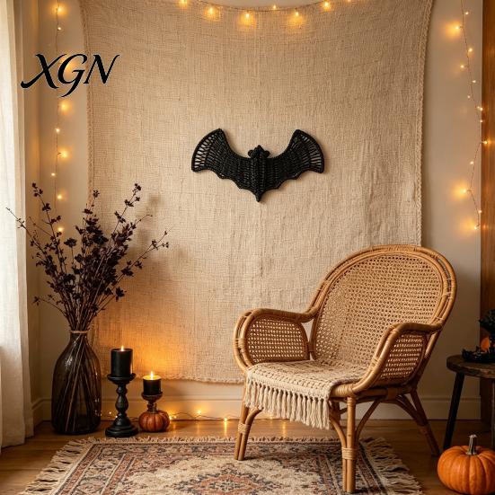 Haunted House Party Decor Woven Rattan Bat Wall Hanging Decoration, Halloween Handcrafted Black Wicker Bat, Seasonal Decorations 3D Scary Rustic