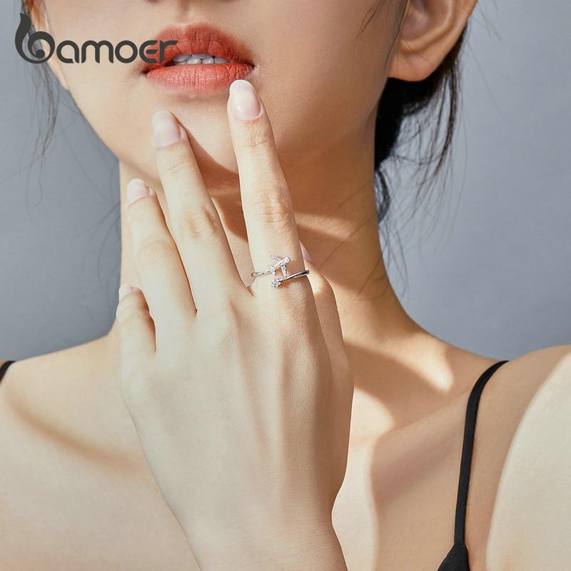 Bamoer из стерлингового серебра 925 пробы, летающий самолет, открытые кольца на палец для женщин, прозрачное регулируемое кольцо с CZ