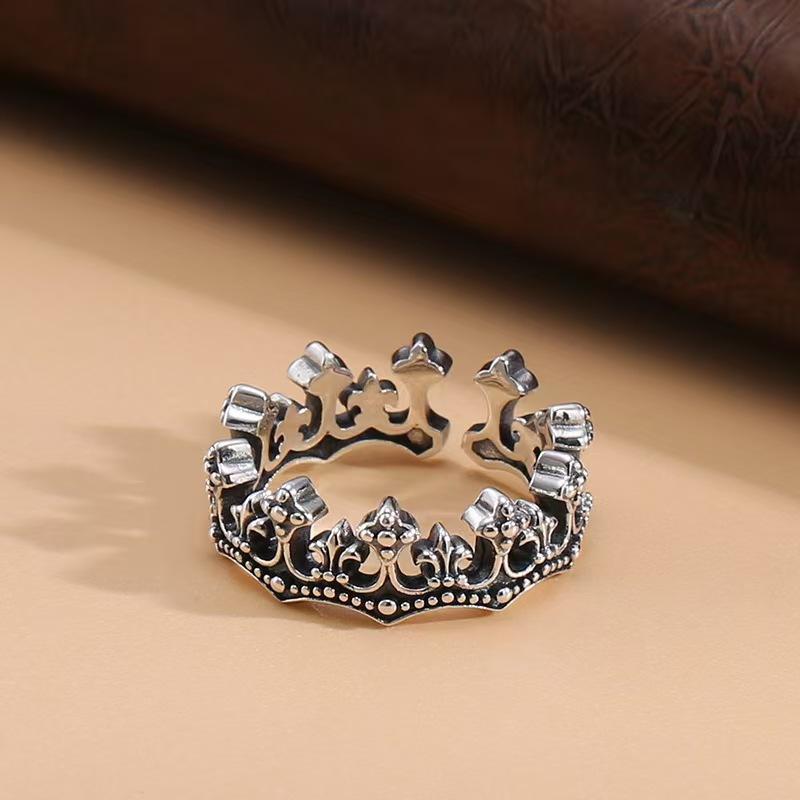 Retro Crown Ring Ins Simple Zinc Open Ring Old Dyed Black Versatile Index Finger Ring
