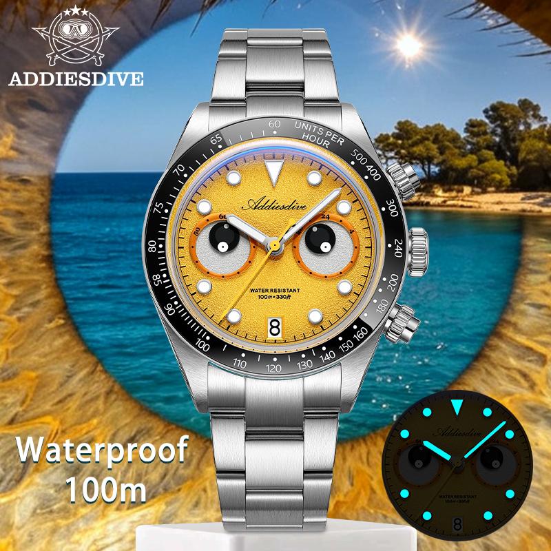ADDIESDIVE VK64 Quartz Chronograph Watches Ceramic Bezel Bubble Mirror Glass 316L Stainless Steel 100M Waterproof Watches AD2557