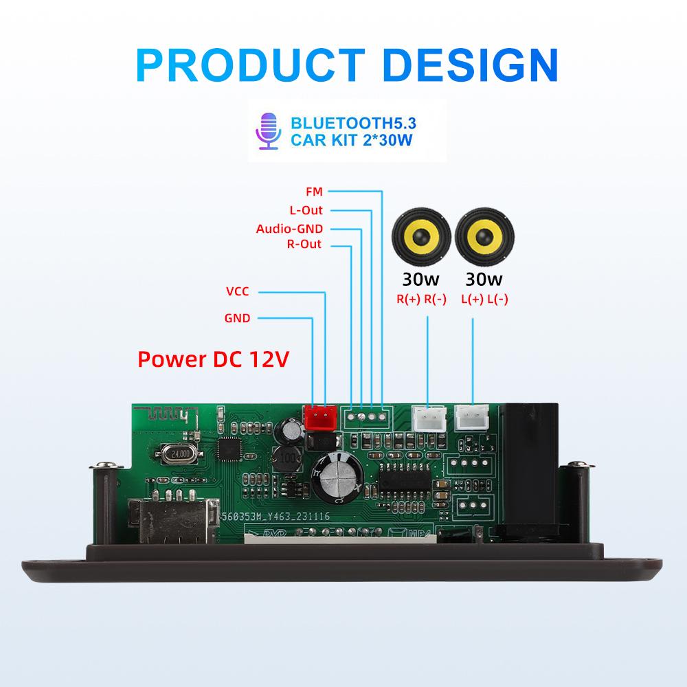 Bluetooth 5.3 Decoding Board MP3 12-15V Decoder Board Clock Time Display Microphone Car FM Radio USB TF Music Player Speaker