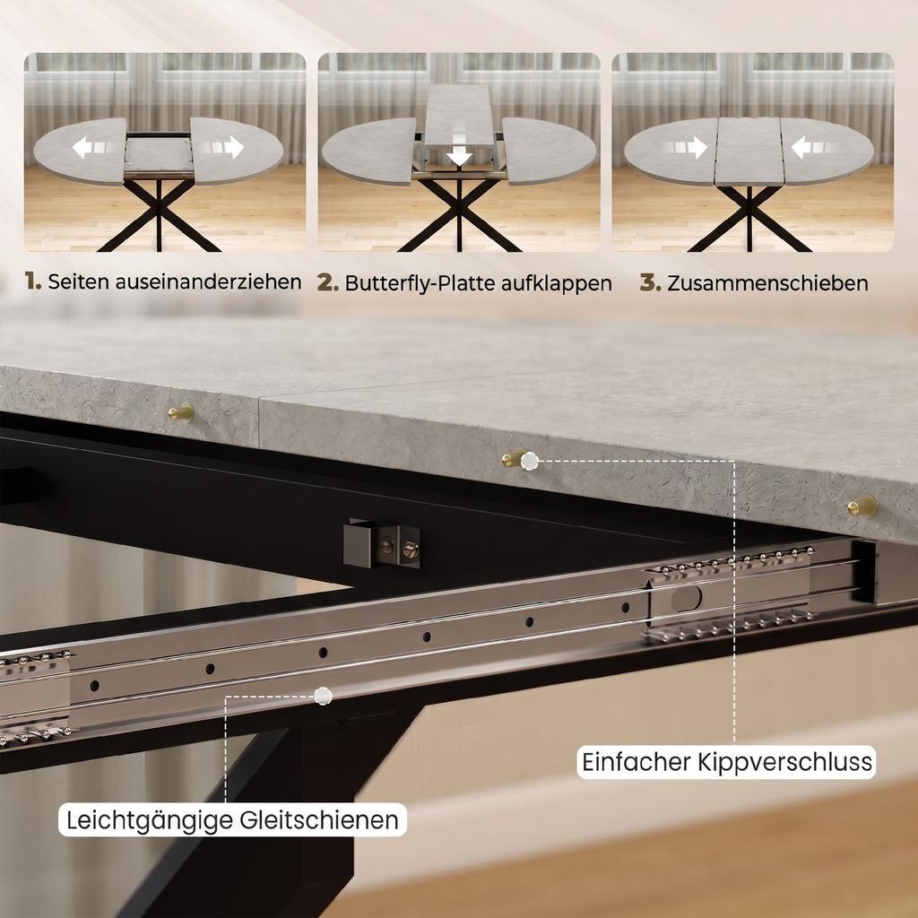 Extendable Dining Table for 4–6 People, Kitchen Table in Industrial Look with Spider Leg, Grey