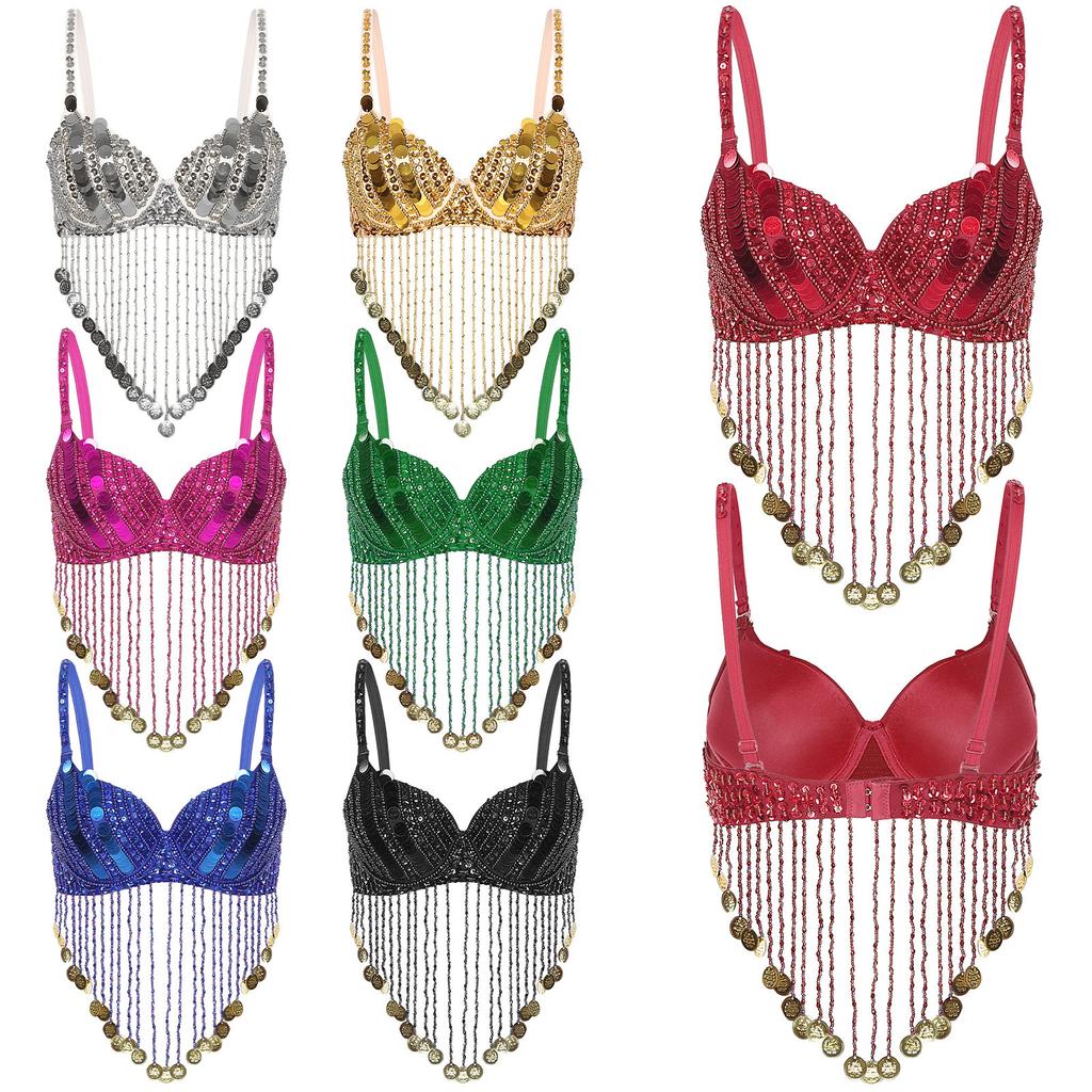 Женский блестящий бюстгальтер на косточках с блестками, бусинами, кисточками и топами для танца живота Rave