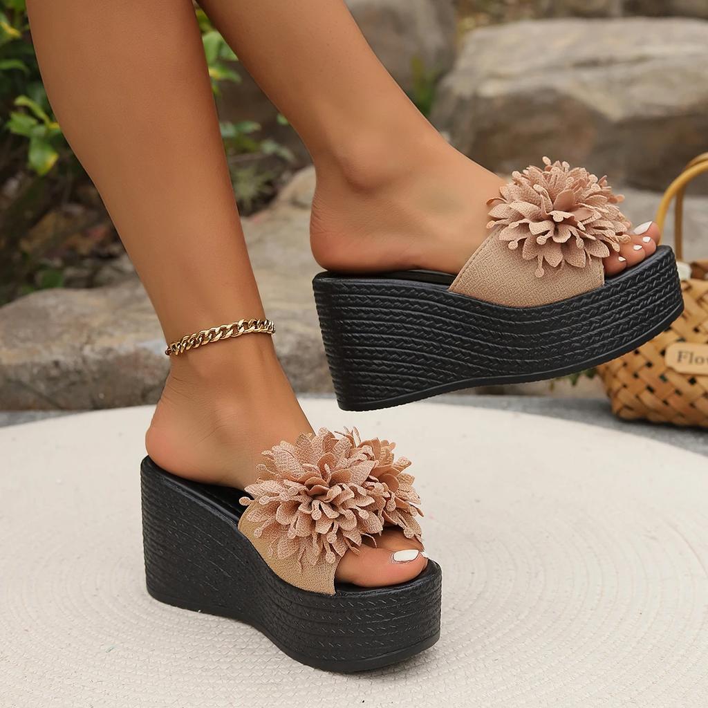 Сандалии женские босоножки на танкетке тапочки летние пляжные женские тапочки на платформе с цветочным принтом на высоком каблуке большой размер 44 модные женские сандалии