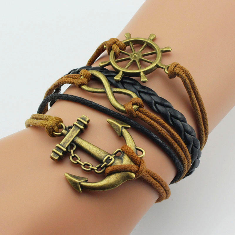 Модный женский кожаный многослойный милый браслет с подвесками в виде якоря и руля бесконечности ARI