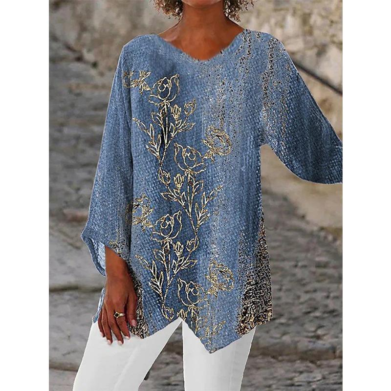 Весна Лето V-образный вырез Принт Мода Женская Блузка Новая Повседневная Свободная Необычная Топ Футболка Большого Размера Простая Элегантная Офисная Рубашка Женская Одежда