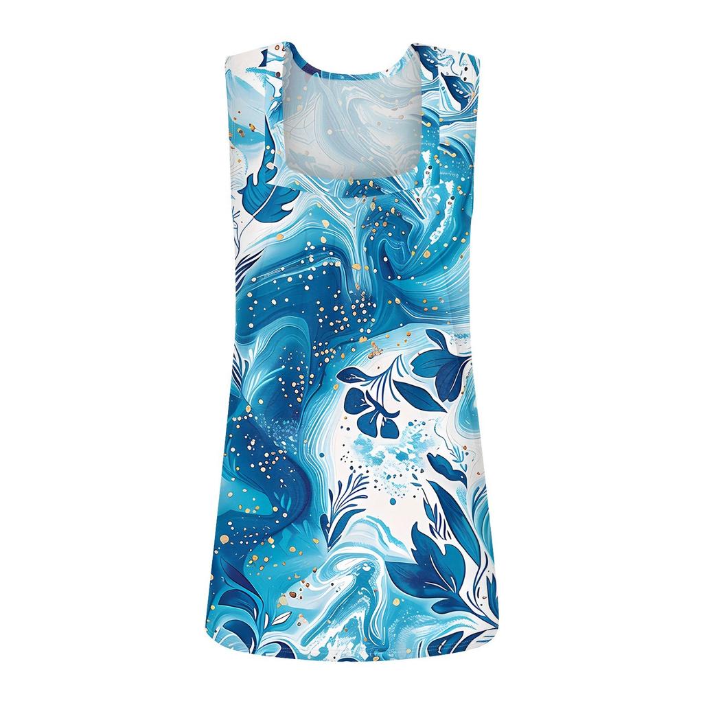 Square Collar Tank Top Women Print Tank Tee Casual Loose Fit Sleeveless Shirt