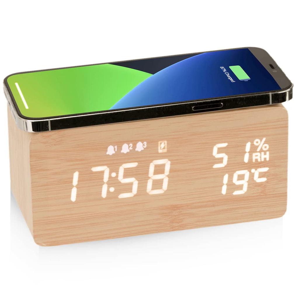 Electime Alarm Table Smartphone Wood Charging LED Qi Automatic Brightness Automatic USB Alarm Technical Approval Clock, Clock, Stylish, Charging,