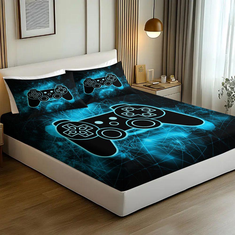 Neon Cyber Gaming Controller Print Fitted Sheet Set Bed Sheets Set Bedding Set Soft Breathable Bedding for Gamer Bedroom Teens