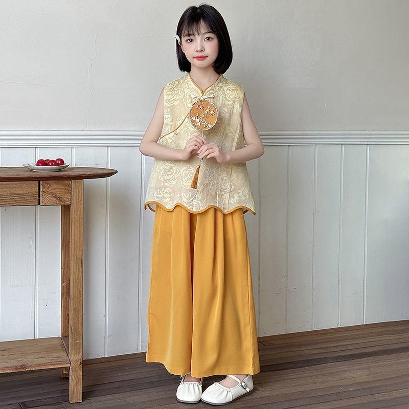 Летний костюм среднего размера для девочки, жилет с вышивкой, брюки с широкими штанинами, модный комплект