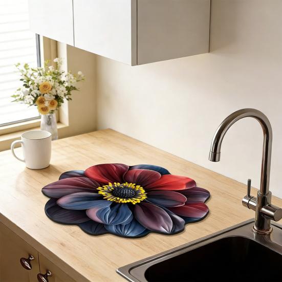 Коврик для сушки посуды Реалистичные цветочные дизайны Диатомовая земля Быстросохнущий коврик Абсорбирующий Теплоизолирующий коврик для кухонной столешницы Обеденного стола