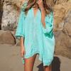 V-neck Half Sleeve Pullover Cover Up Dress Solid Color Lace Stitching Swimwear