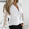 Women's Fashion Casual Spring Fall Solid Color Print Lace Long Sleeve V-Neck Pullovers Blouses & Shirts