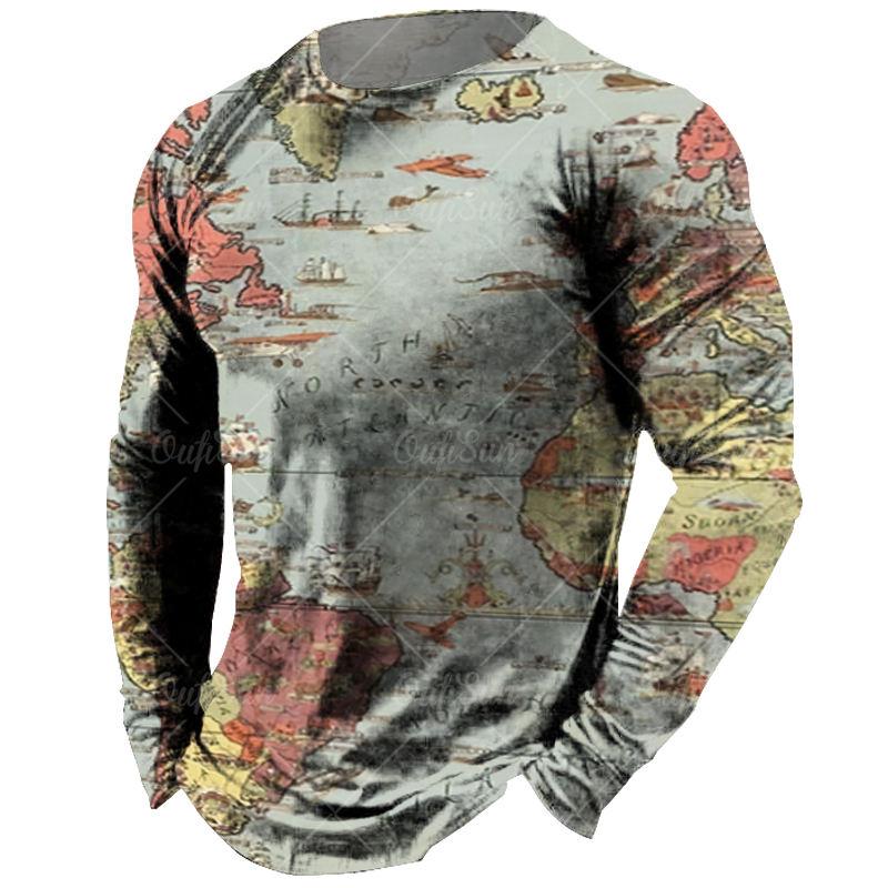 Винтажная футболка с длинными рукавами для мужчин, рубашки с 3d-принтом карты, футболки с европейской графикой, старая мужская одежда, топы, повседневная уличная одежда