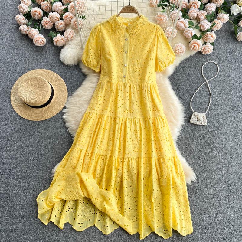 New Elegant Hollow Out Embroidered Polo Bubble Sleeves Loose Bohemian Vacation Dress Womecasual Dresses for Women