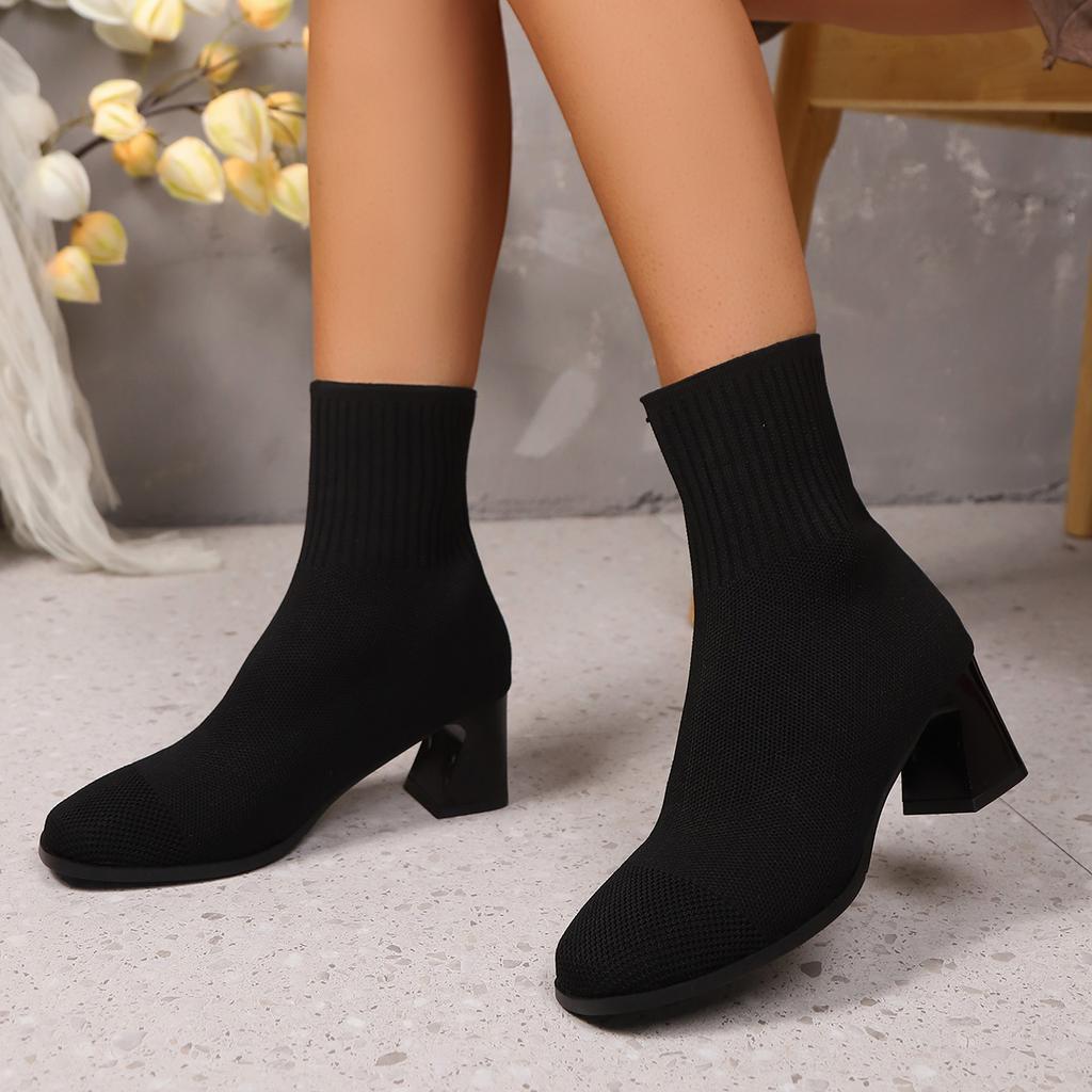 Fashion Autumn Winter Women's Knit Elastic Socks Boots Pointed Toe Chunky Heel Boots Black Fashion Ankle Chelsea Boots Plus Size 43