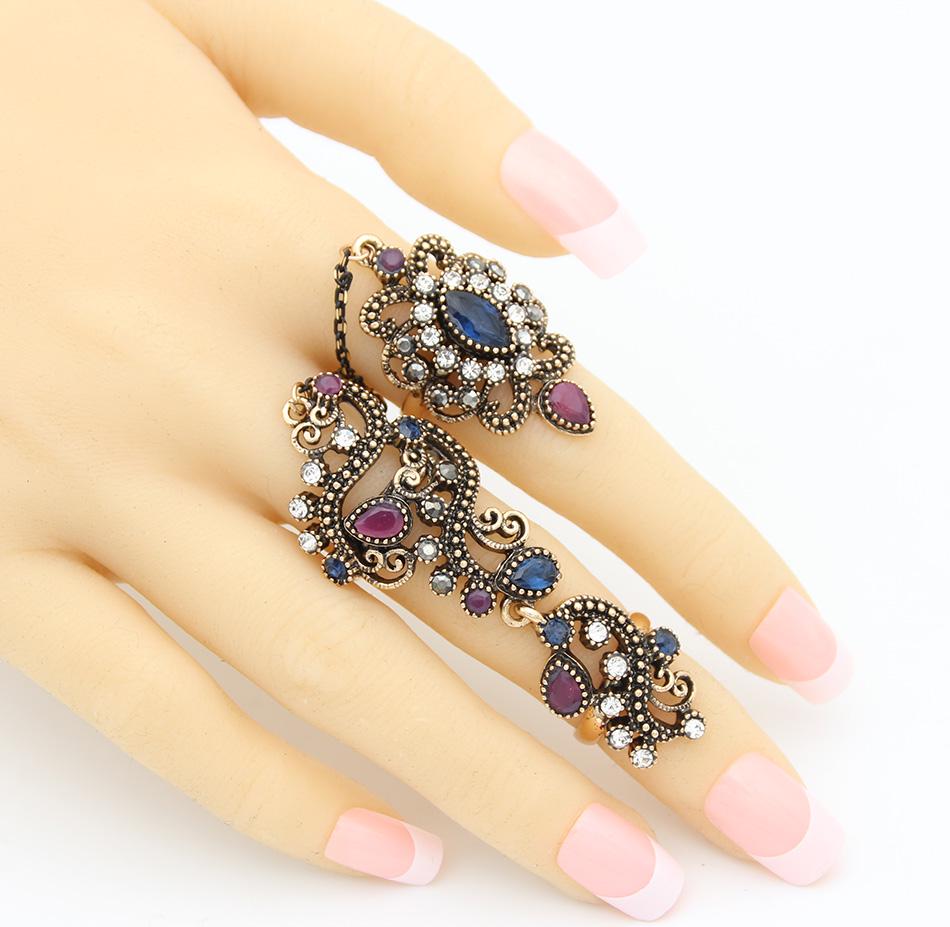Turkish Double Finger Rings For Women Flower Ethnic Jewelry