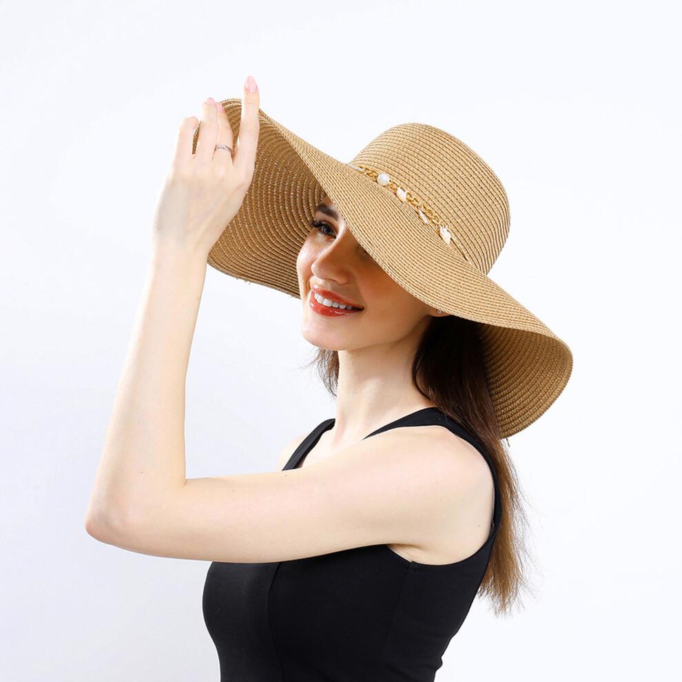 (One Size, Khaki) Women's Summer Straw Hat Large Brim Floppy Beach Cap Lightweight Sun Hat with Seashell Chain