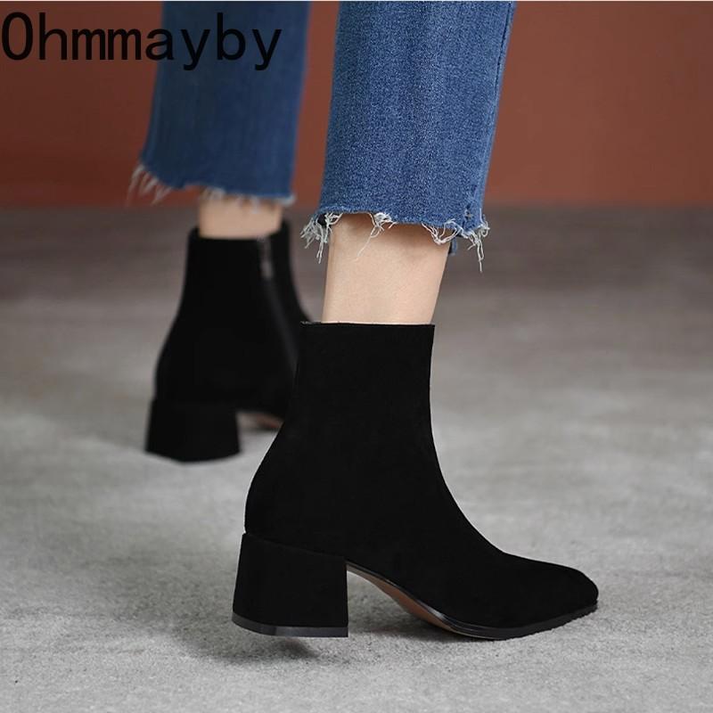 Винтажные замшевые женские ботильоны Модные ботильоны на толстом каблуке Осенне-зимняя женская обувь