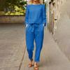 Pants Top Suit Round Neck Solid Color Breathable Sweat Absorption Elastic Waist Long Pants Shirt Two Piece Suit for Women