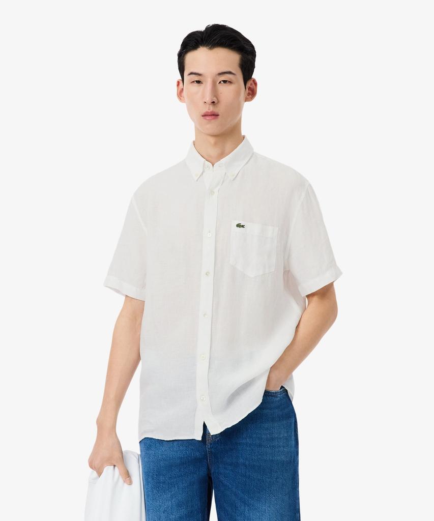 Мужская льняная однотонная рубашка с коротким рукавом LACOSTE Ch5699-56G 001