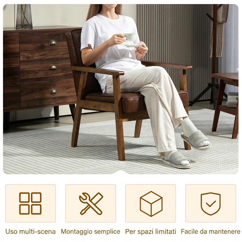 Upholstered PU Leather Lounge Chair. Quilted Backrest and Armrests. Rubber Wood Frame. Brown