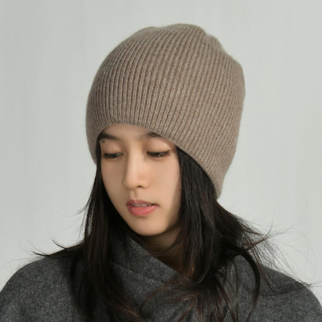 Solid color striped cold hat knitted hat European and American fashion rabbit velvet men and women simple and versatile soft waxy warm wool hat