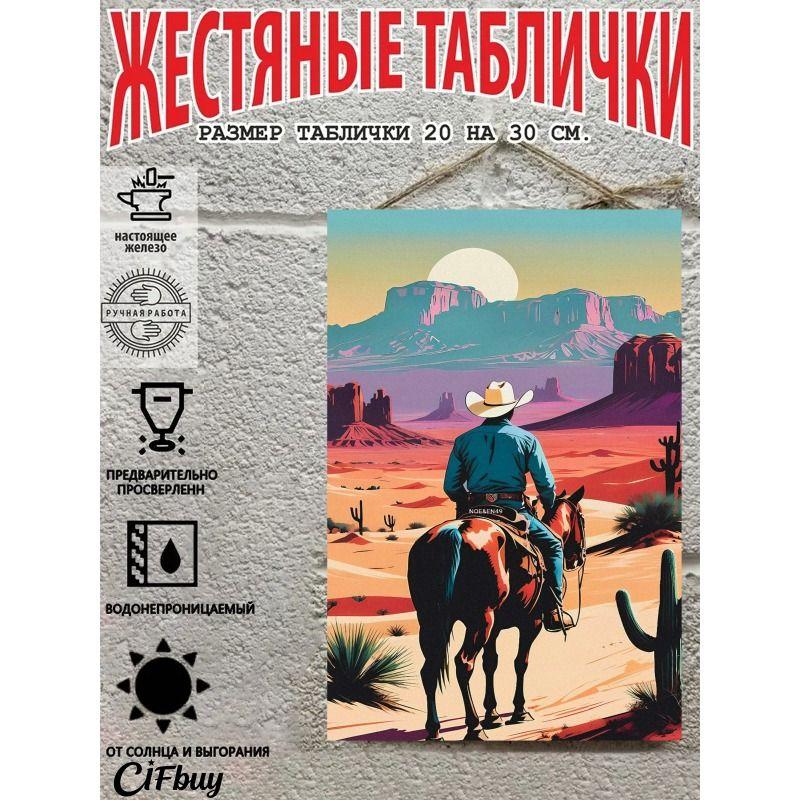 Металлическая жестяная табличка "Ковбой на лошади" 20x30 см Рустикальный декор стен