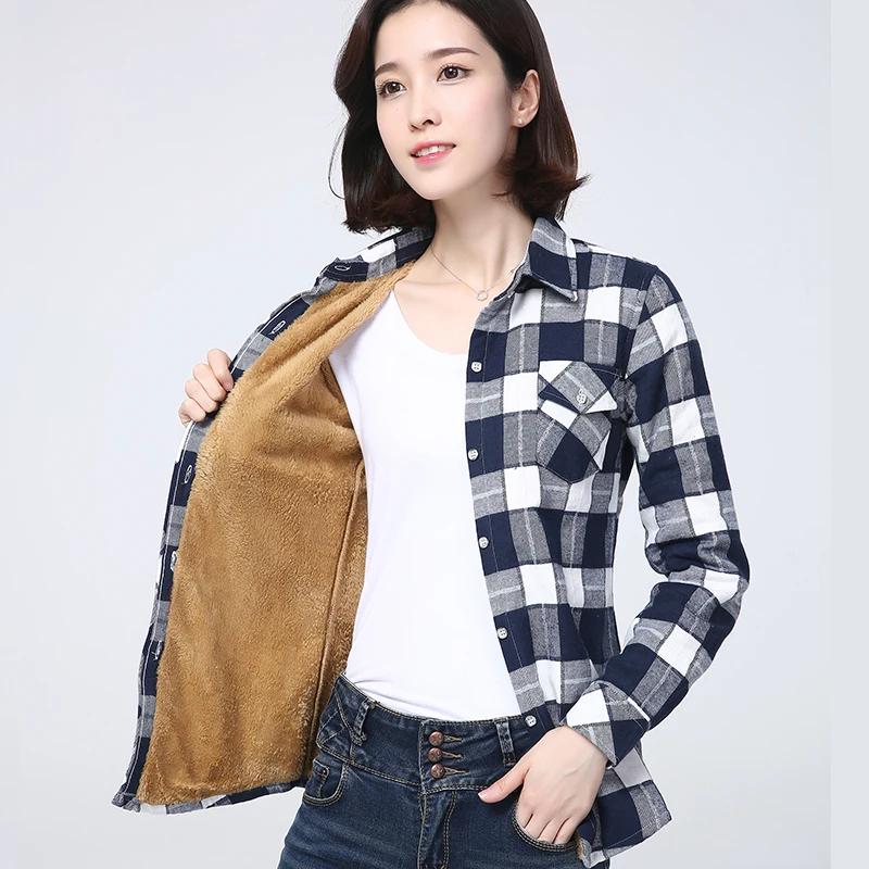 Winter Women's Warm Plaid Shirt Coat Casual Fleece Velvet Plus Thicke Tops Brand College Style Woman Clothes Outerwear