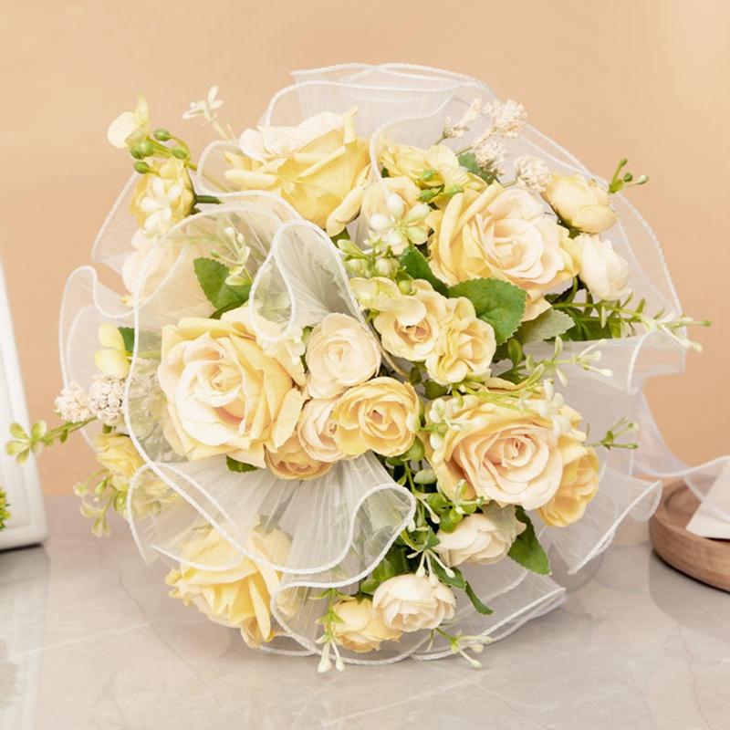 23/30cm White Artificial Roses Bride Bouquet Flowers With Ribbon Romantic Wedding Party Decoration DIY Bridal Floral Bouquets