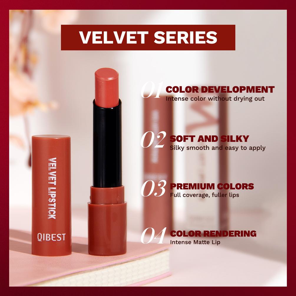QIBEST Matte Velvet Matte Lipstick Easy To Colour Non-stick Cup Does Not Fall Out Moisturizing Long-lasting Lipstick Makeup
