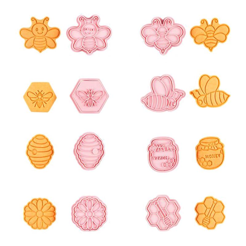 8Pcs Bee Honeycomb Cookie Cutter 3D Cartoon Animal Pressable Biscuit Embosser Mold Cookie Stamp DIY Fondant Cake Decorating Tool