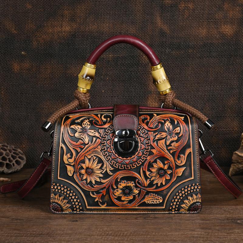 Vintage Luxury Handbag Handmade Leather Carved Women Bag Versatile Female Shoulder & Crossbody Bags