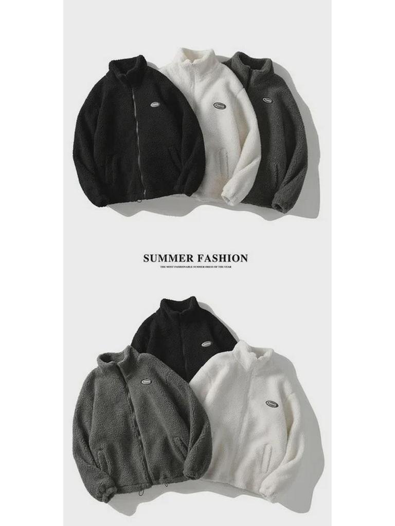 Men's Trendy Korean Lambskin Winter Cotton Jacket with Velvet Lining - Loose Fit, Stand Collar